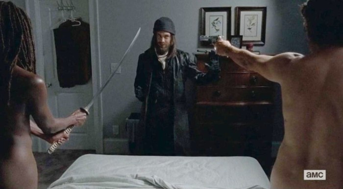 Rick and Michonne get woken up by Jesus in Episode 10 Season 6 of AMC's The Walking Dead